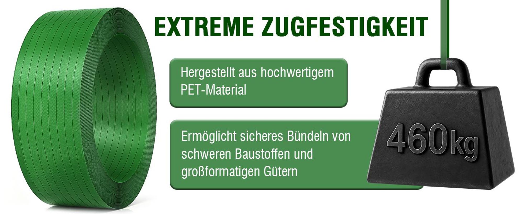 PET-Umreifungsband 16 × 0,8 mm, L 600 m, 460 kg Bruchfestigkeit für Umreifungsgeräte Geprägte Oberfläche Verpackungsband für Kartons Holz Stein Stahl