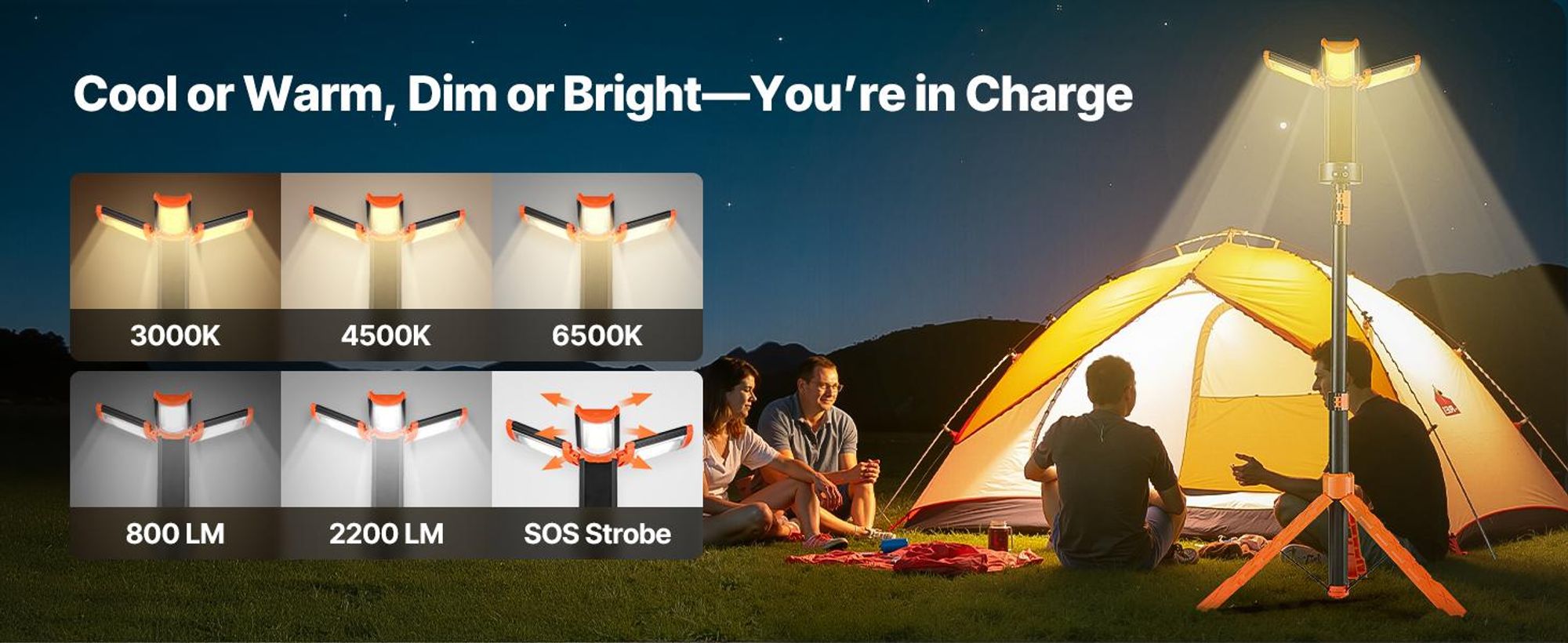 VEVOR LED-Arbeitslicht mit Stativ, 21000 Lumen, tragbares Campinglicht mit drei Köpfen und individuellem Schalter, Stativ, 3,3 m Stromkabel, für Innen- und Außeneinsatz auf Baustellen, IP65 wasserdicht, 2200 lm, 8Ah