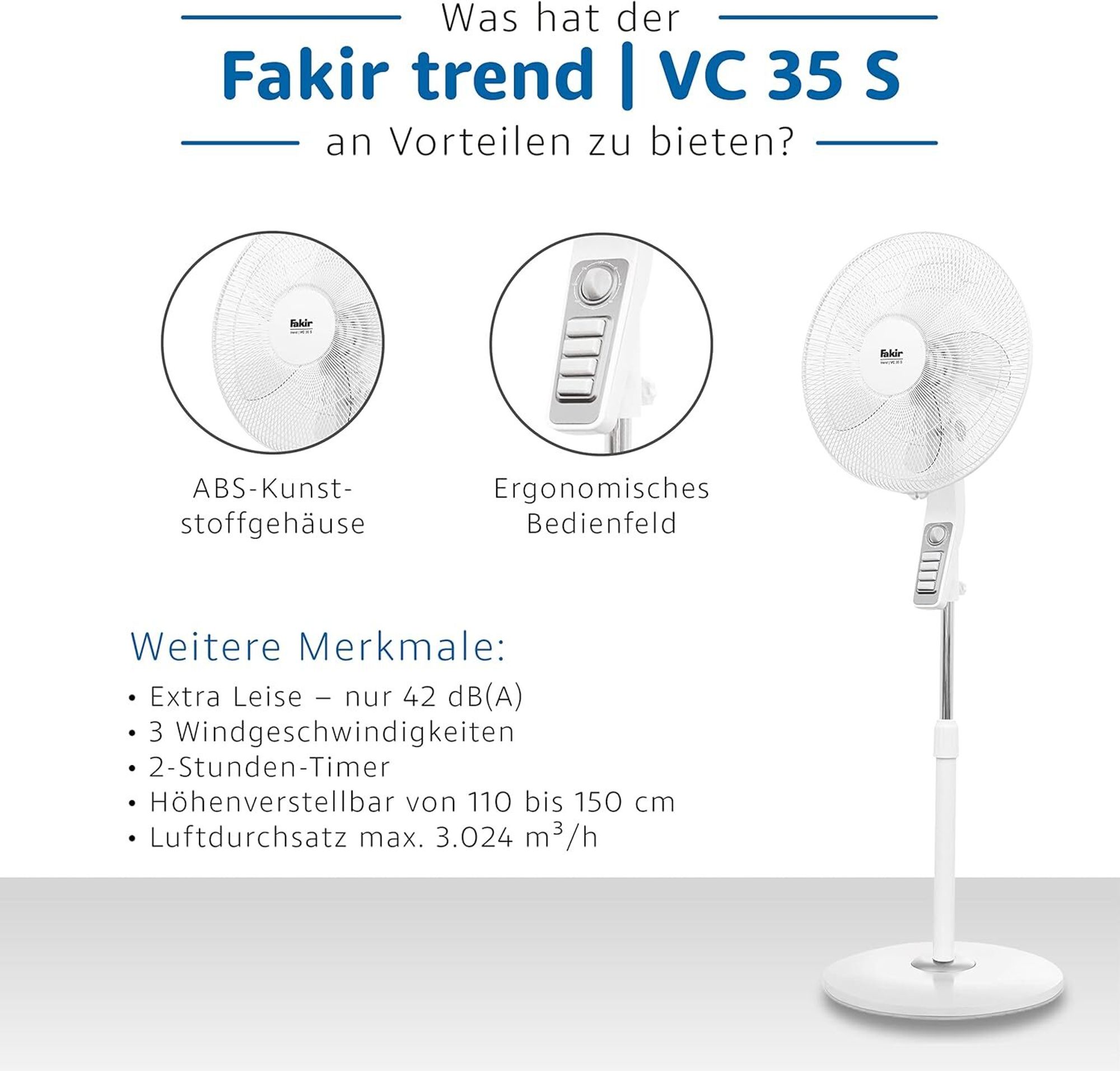 Fakir VC 35 S prestige Standventilator, 45 cm Ø, extra leise, Oszillation, verstellbar, Timerfunktion