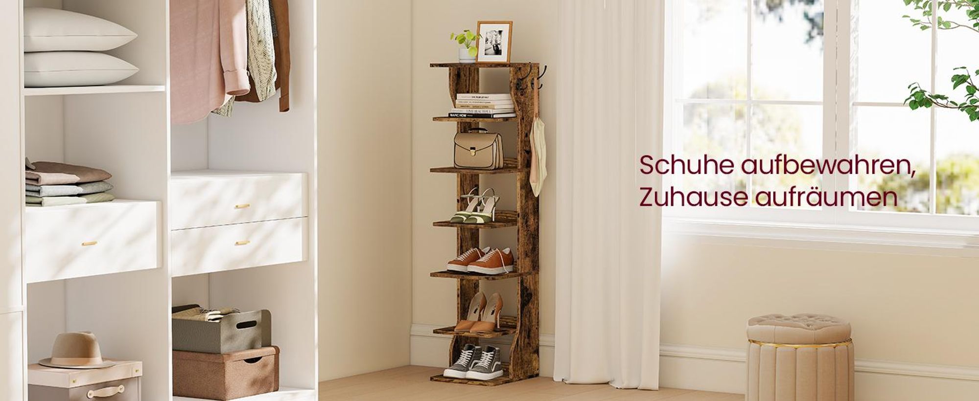 VASAGLE Schuhregal schmal, Standregal mit 7 Ebenen, platzsparend, für Eingangsbereich, Ecke, Schuhablage, vintagebraun