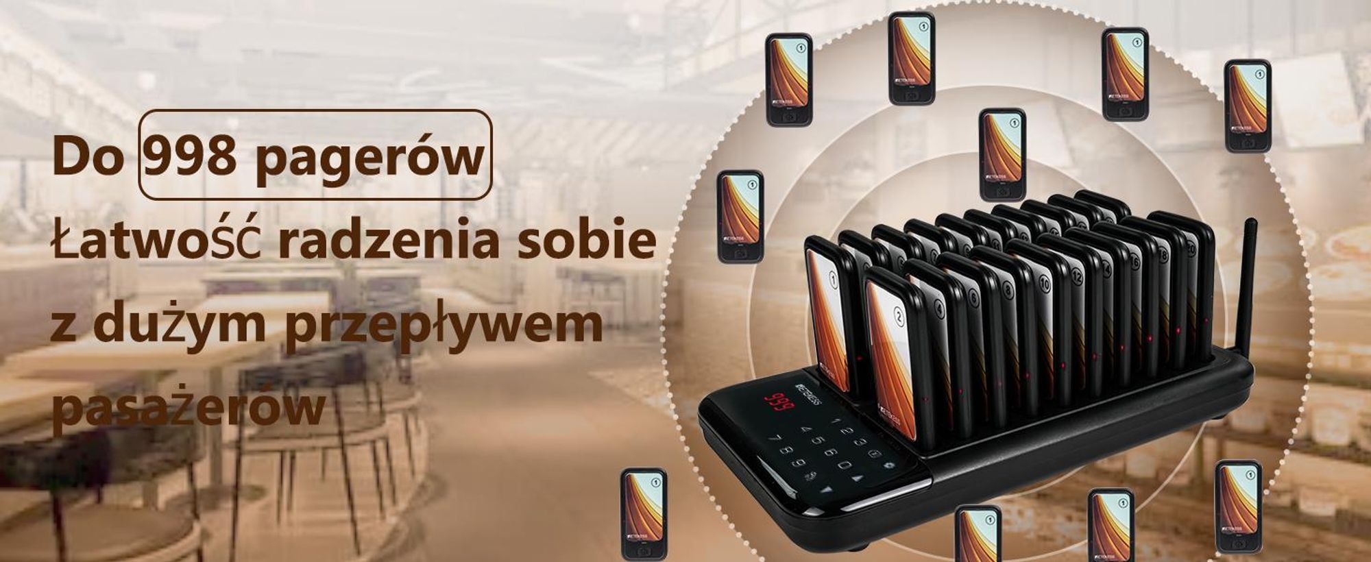 Bezprzewodowy system przywoławczy Retekess TD173, zasięg 500 m, 7 trybów wywoływania, 20 pagerów Z przyciskiem wyciszenia, Dla restauracji  barów