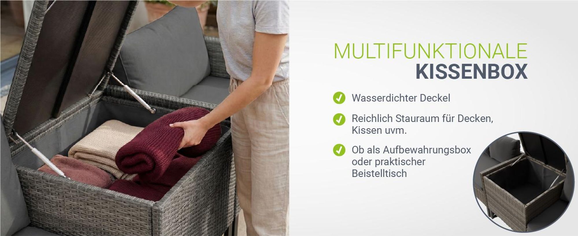 Juskys Polyrattan Lounge Santorini - Sitzecke mit Beistelltisch & Auflagenbox - Grau