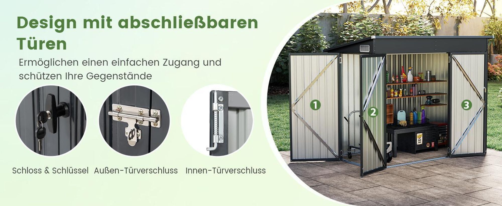 COSTWAY 2,6 ㎡ Gartenhaus 235x117x185cm Metall, 4,86 m³, Geräteschuppen mit Vordertür, Seitentür&Pultdach, Gartenschuppen abschließbar, Dunkelgrau