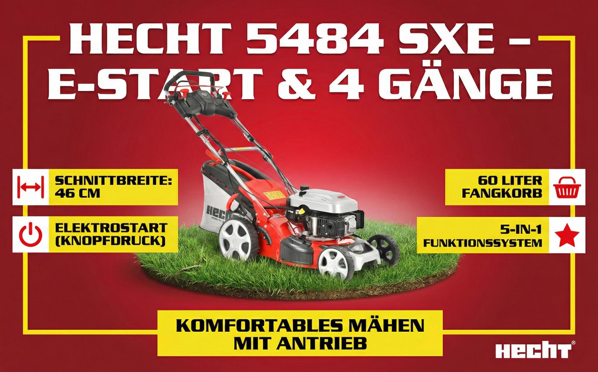 HECHT 5484 SXE Rasenmäher Benzin | mit Antrieb | Elektrostart | 46 cm Schnittbreite | 5 PS | 5in1 | 60L Fangkorb