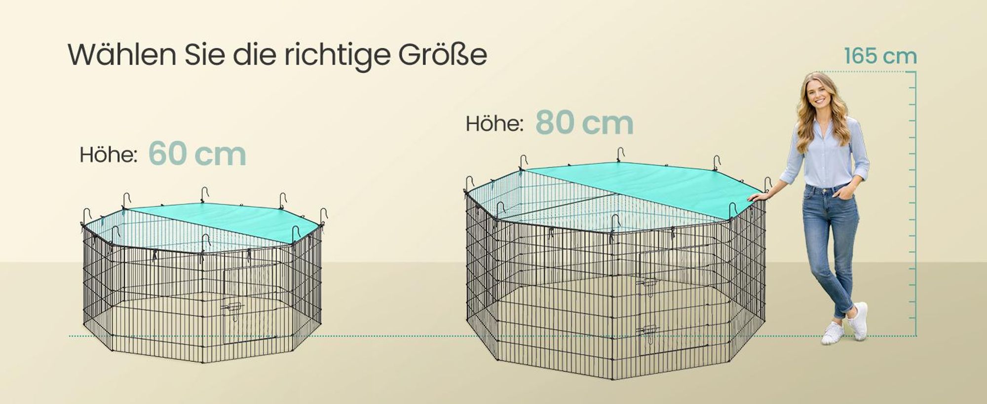 SONGMICS Kleintierlaufstall mit Abdeckung, 8 Gitterplatten, Freigehege, atmungsaktiv, Sonnenschutz, 138 x 138 x 60 cm, schwarz