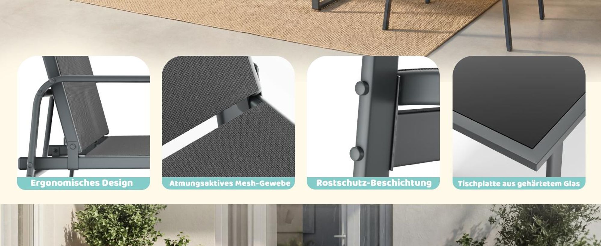 Mondeer Gartenmöbel-Set 4-teilig, Sitzgruppe mit Armlehnen & Glas-Tisch, Wetterbeständig für Balkon Terrasse Grau