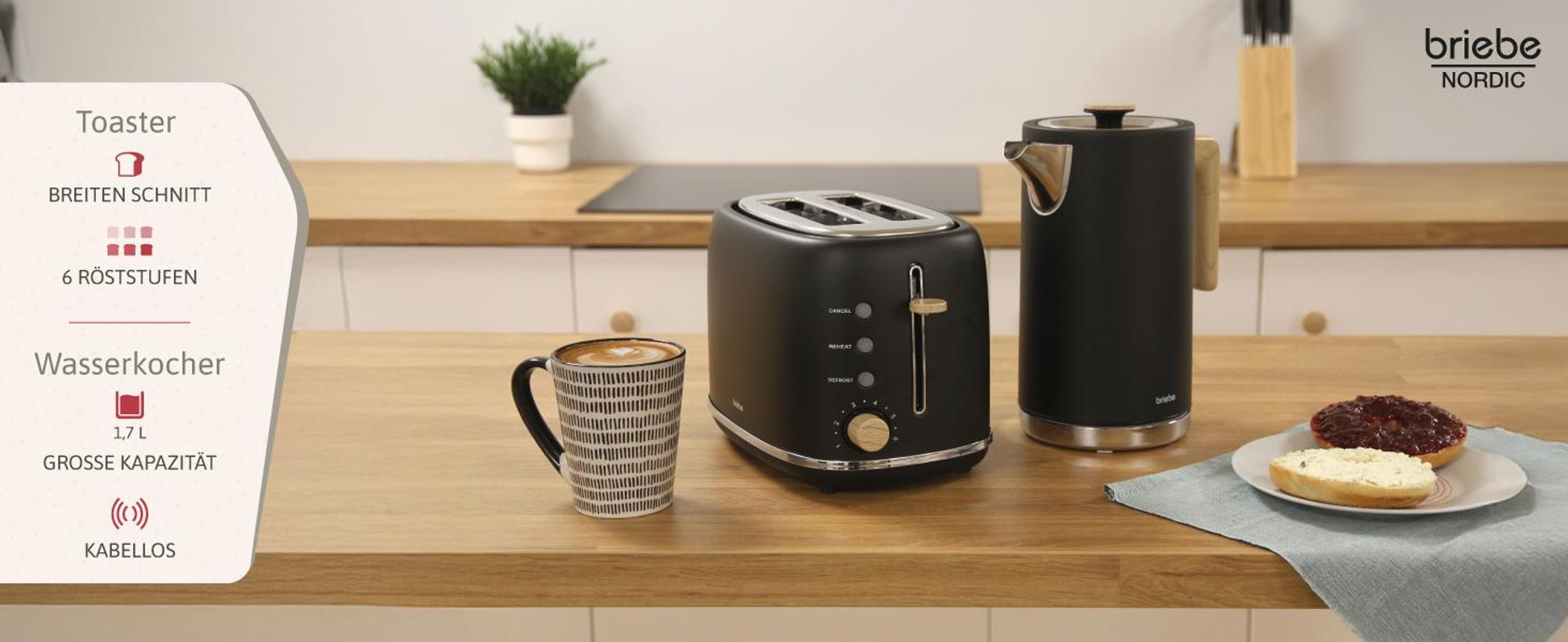 Briebe SKT1167BLK Nordic Set Toaster 2 Scheiben Breite Schlitze + Wasserkocher 1,7L Elektrischer Schwarz