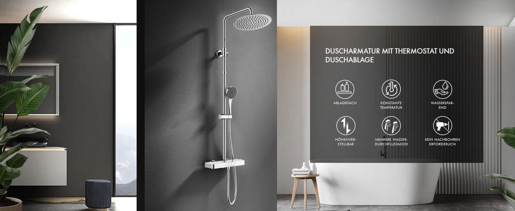 Duschsystem mit Thermostat und Glasablage, Brausegarnitur 3 Wasserausgabemodi, 12 Zoll Regendusche, Chrom