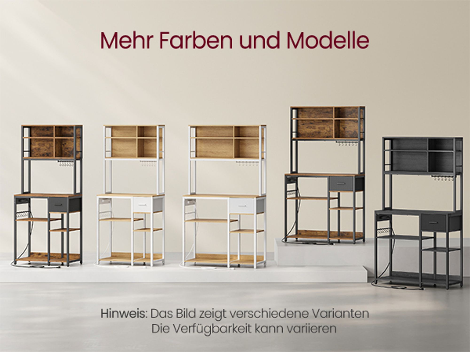VASAGLE Küchenregal mit Steckdosen, Standregal, Mikrowellen-Regal, verstellbare Ablagen, Stoffschublade, 12 Haken, 40 x 100 x 180,4 cm, für Mikrowelle