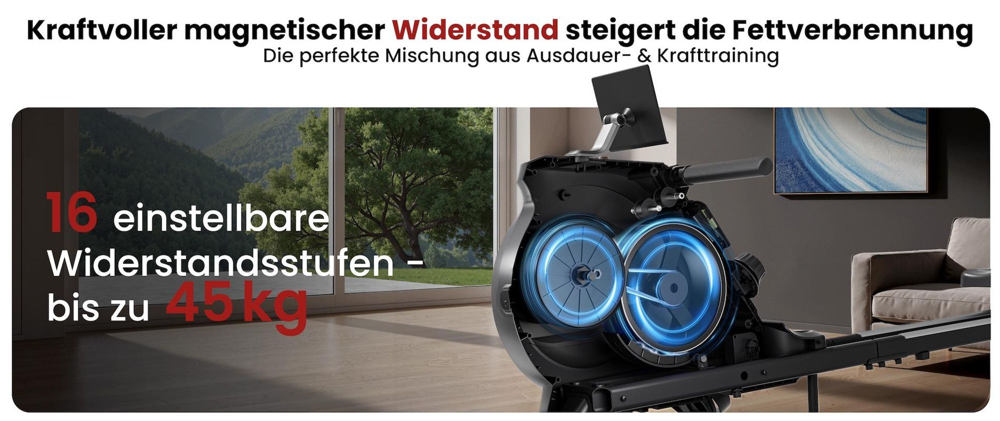AsVIVA RA11 Rudergerät Heimtrainer, Generatorbetrieb ohne Stromanschluss, Bluetooth-App & Pulsmessung, 6,5 % Schienenneigung, platzsparend, bis 135 kg