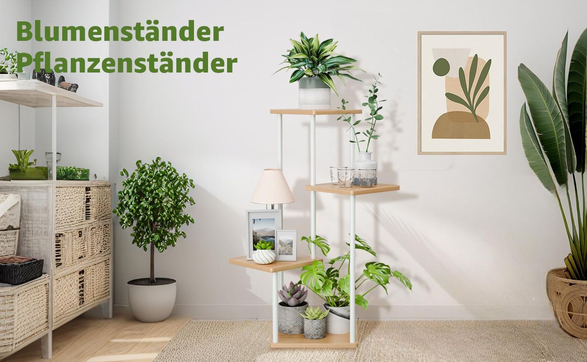 Mulisoft 4-Tier Hölzern Blumenregal Pflanzenregal, Mehrstöckig Blumenständer Pflanzenständer, Blumenbank Blumentreppe Pflanzentreppe, Standregal für Innen Garten Balkon Deko, Naturholzfarbe