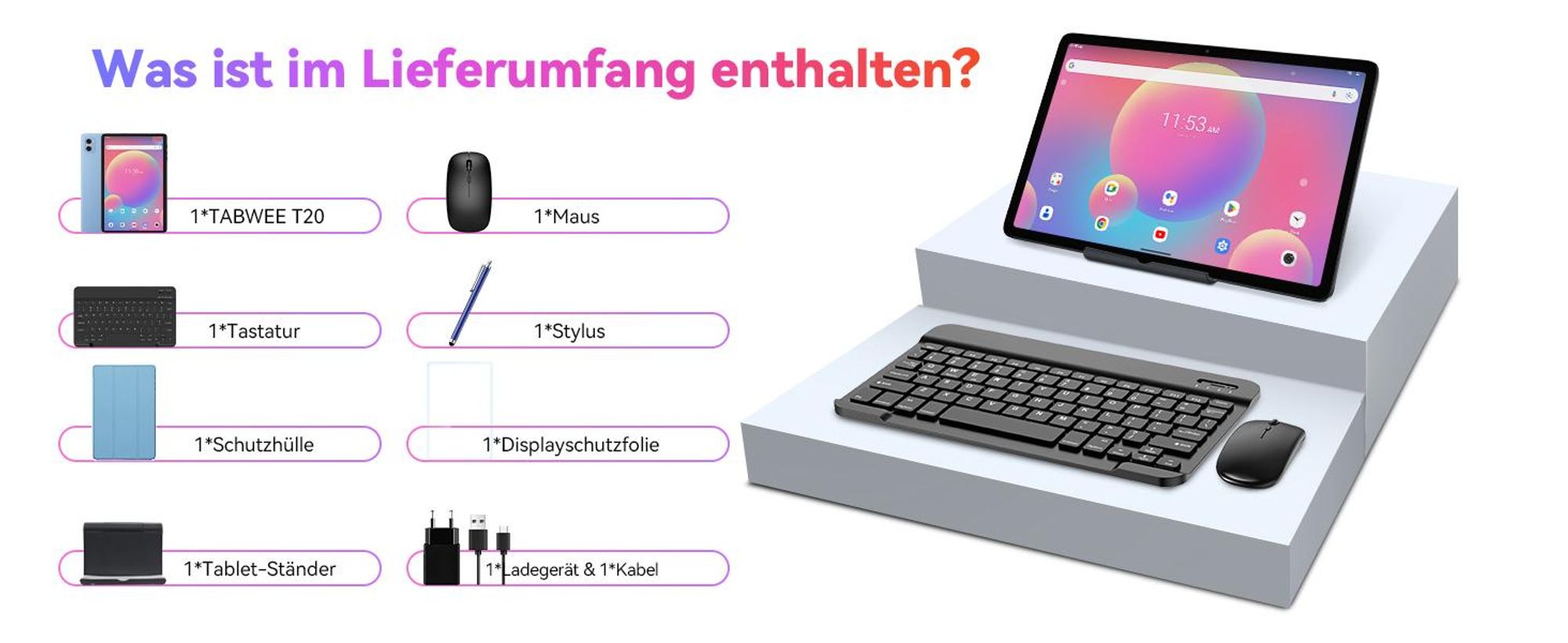 TABWEE T20 Android 16 Tablet 10.1 Zoll, 24GB(8+16) RAM+256GB ROM(2TB TF) mit Zubehör Tablet-PC, Widevine L1, 5G WiFi, Gemini Al