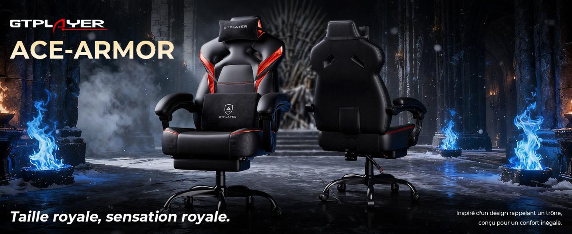 Fauteuil gaming GTPLAYER : fauteuil pour gamers avec repose-pieds, coussin lombaire, appuie-tête, hauteur réglable et accoudoirs ajustables, rouge