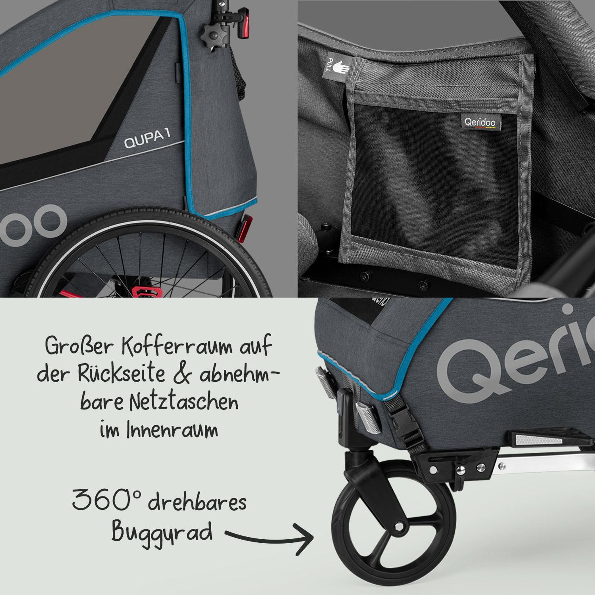 Qeridoo QUPA 1 - Kinderfahrradanhänger für 1 Kind, Farbe: Blue