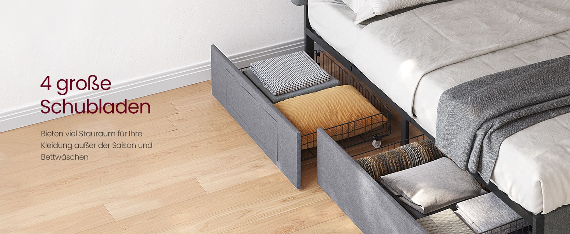 VASAGLE Doppelbettgestell, Bettgestell, 140 x 200 cm, LED, Metallbett, 4 Schubladen, Ladestation, verstellbares gepolstertes Kopfteil, Hellgrau