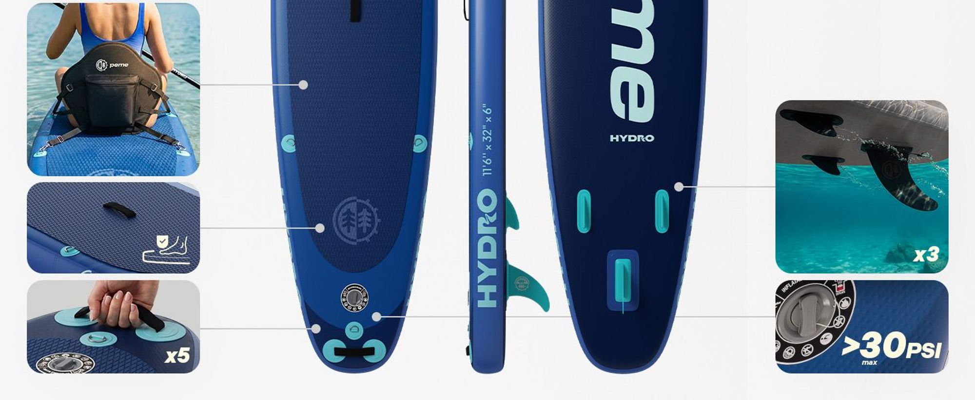 PEME Stand Up Paddle Board - Deep Water -  350 cm - Dopple Paddel und komplette Zubehöre, SUP, Surfboard aufblasbar- Blau