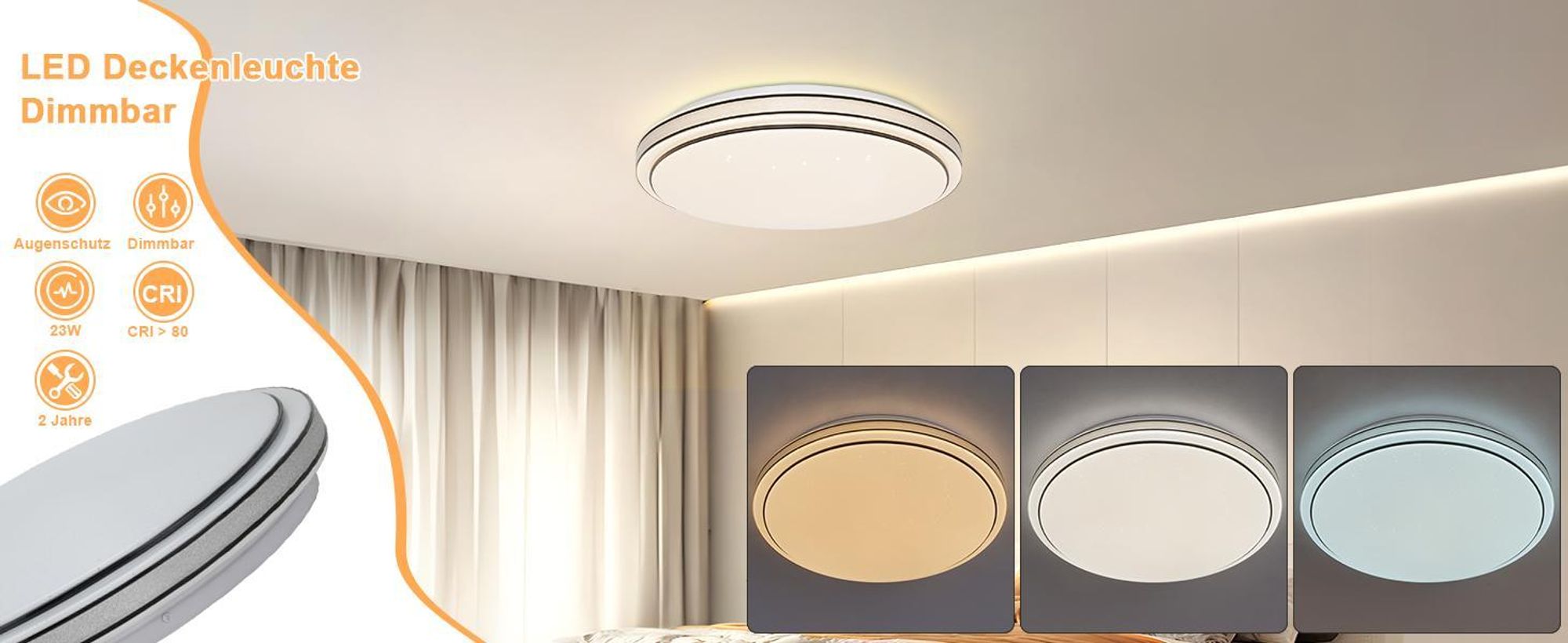 ZMH Deckenlampe LED Deckenleuchte Schlafzimmer 23W Schlafzimmerlampe Dimmbar mit Fernbedienung Ø27cm Sternenhimmel Küche Rund für Wohnzimmer Flur