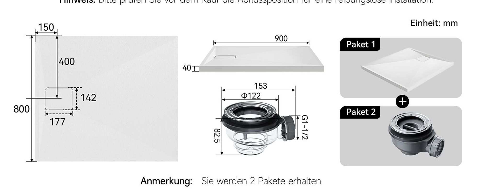 HOROW Rechteckig Duschwanne weiß struktur inkl. Ablassschraube, mit rutschhemmender Oberfläche - 3 Größen - 90 x 80 cm / 100 x 80 cm / 120 x 80 cm