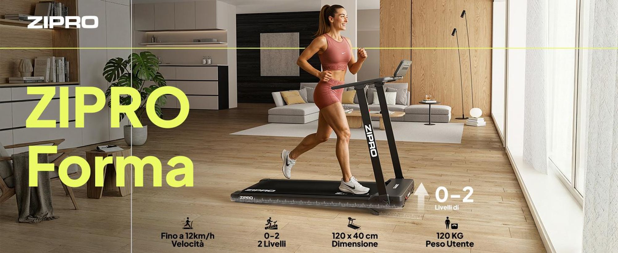 Tapis roulant elettrico ZIPRO Forma | Pieghevole sotto il letto | 1-12 km/h | Nastro 120x40 cm | Ammortizzazione Reel Feel | Zwift Kinomap | fino a 120 kg
