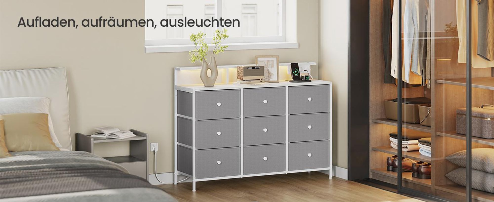 SONGMICS Kommode, Aufbewahrungsschrank mit 9 Schubladen und LED-Beleuchtung