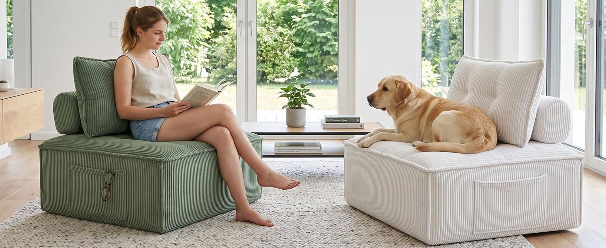 Modularer Loungesessel für Wohnz, Bodensessel aus Cord 84 × 84 cm, 2-in-1 als Sessel oder Hocker, mit Rückenkissen und Seitentasche, ohne Montage