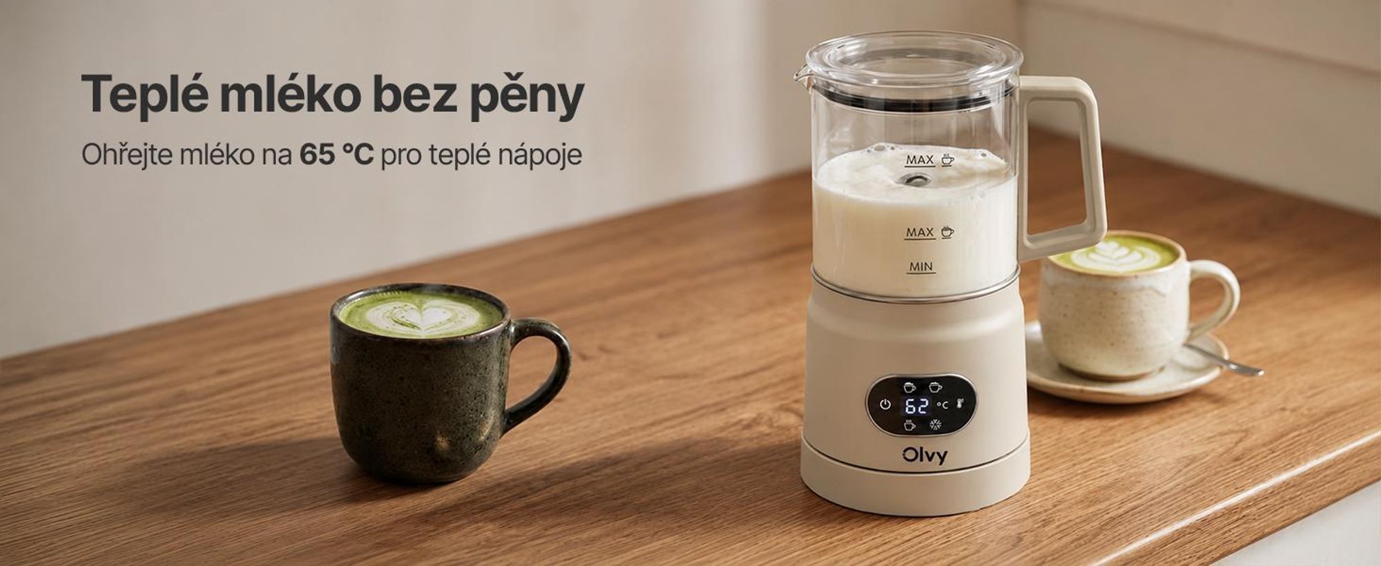 Elektrický pěnový mlékař Olvy ze skla, 4 v 1, 500 W, s ukazatelem teploty, kapacita 160 ml pěny z mléka, 400 ml ohřevu mléka, možnost přípravy teplé i studené pěny, barva béžová