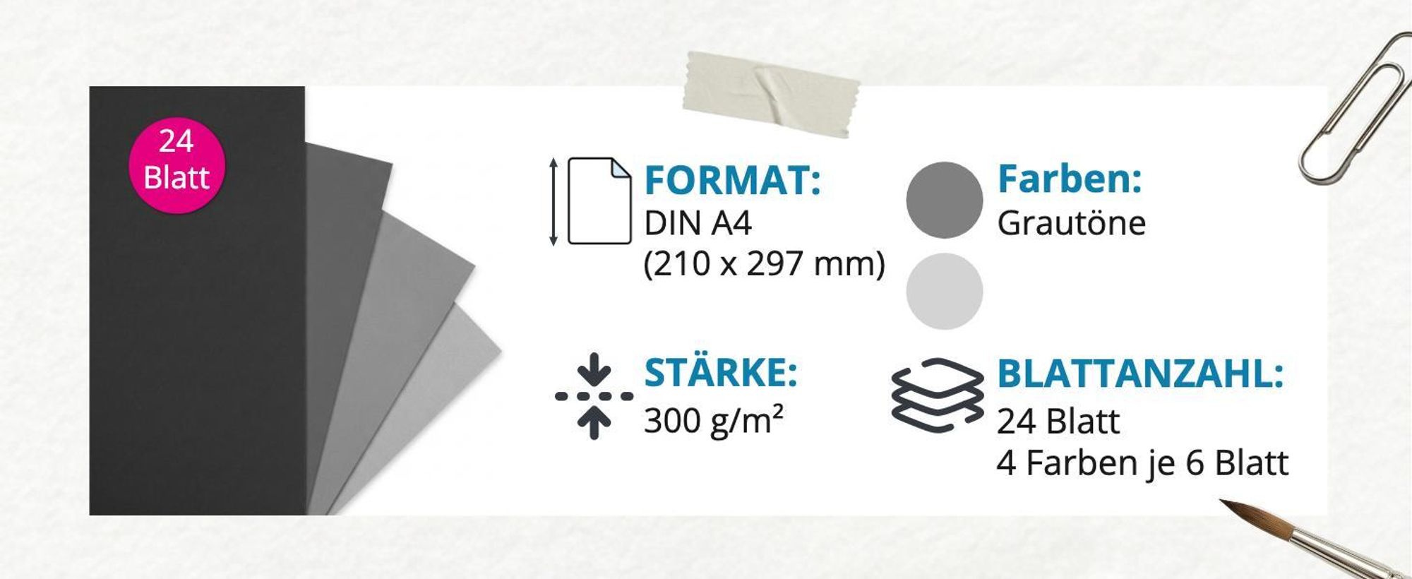 itenga Fotokarton - A4 300 g/qm 24 Blatt - Grautöne - 4 Farben je 6 Blatt