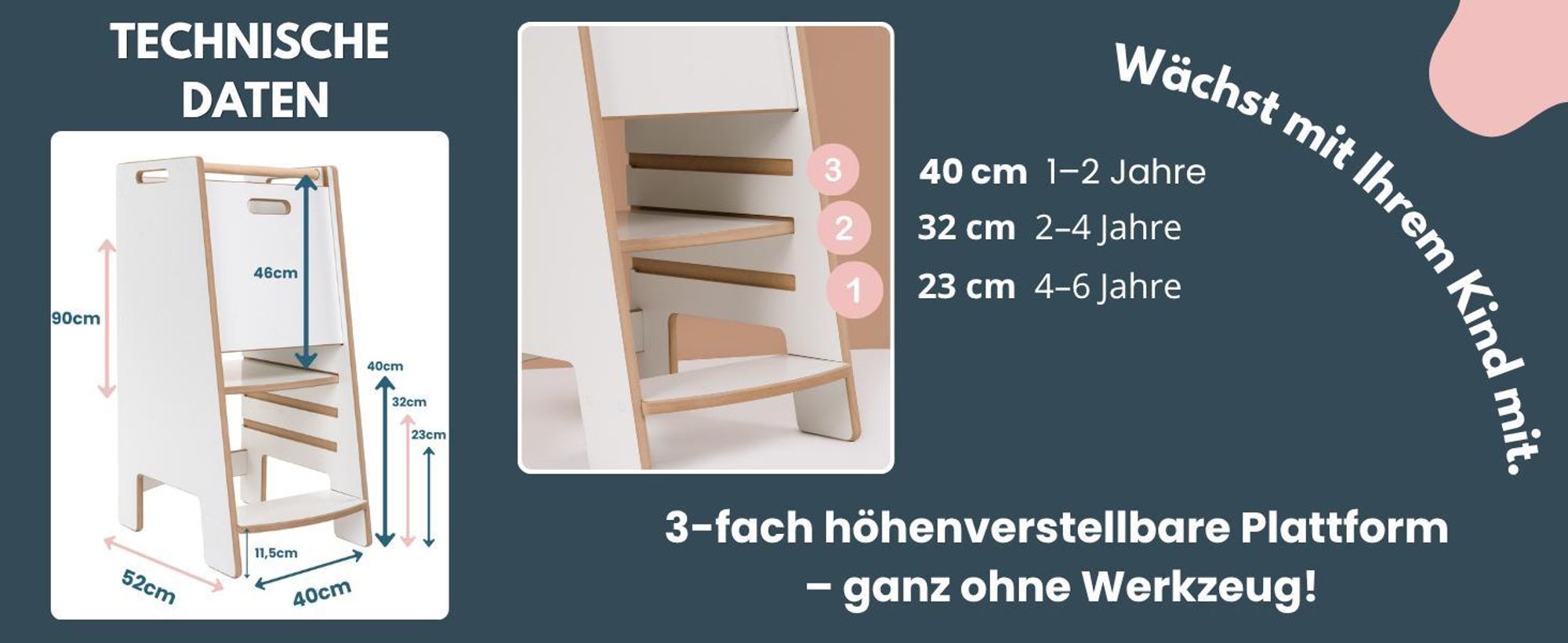 NOWAY - Montessori Lernturm Kitchen Helper Kinderplattform Küchenturm - grau