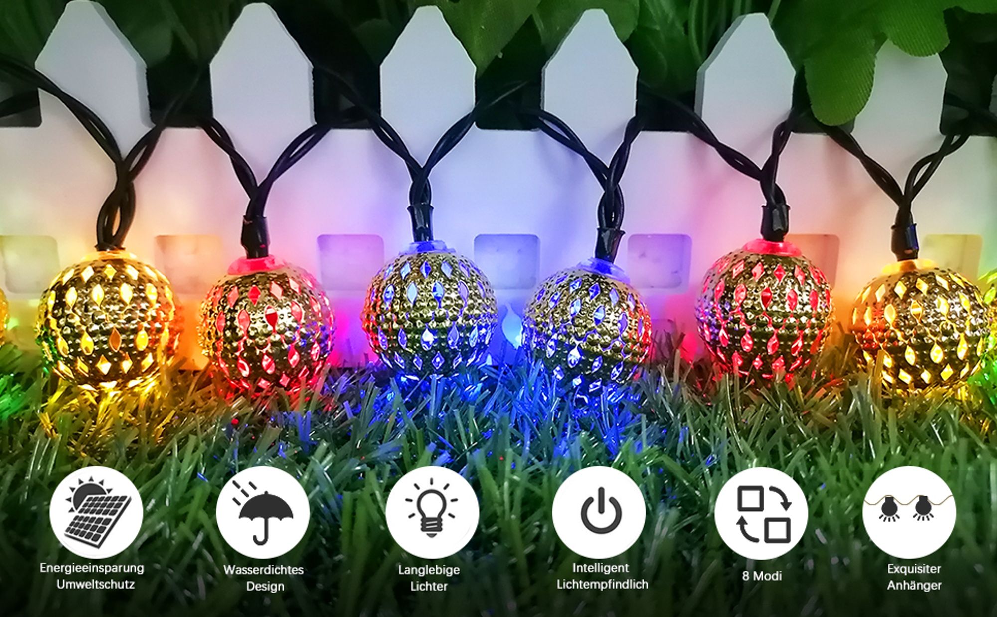 Solar Lichterkette Aussen 50LED 7m Lichterkette Außen/Innen,8 Modi Wasserdicht Outdoor Lichterkette für Balkon,Garten,Bäume,Hochzeiten,Partys,Terrass