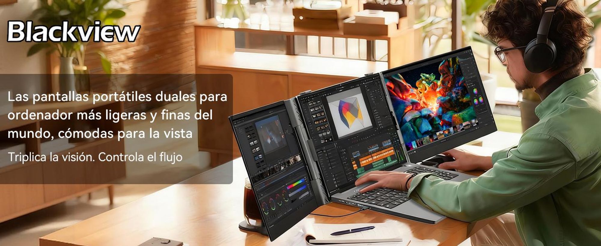 Blackview Pantalla portátil DCM6 de 14", monitor de doble pantalla para portátiles, ultradelgado, resolución FHD, compatible con portátiles de 13,3" a 17,3", giratorio 180°, para Windows/Mac/Android