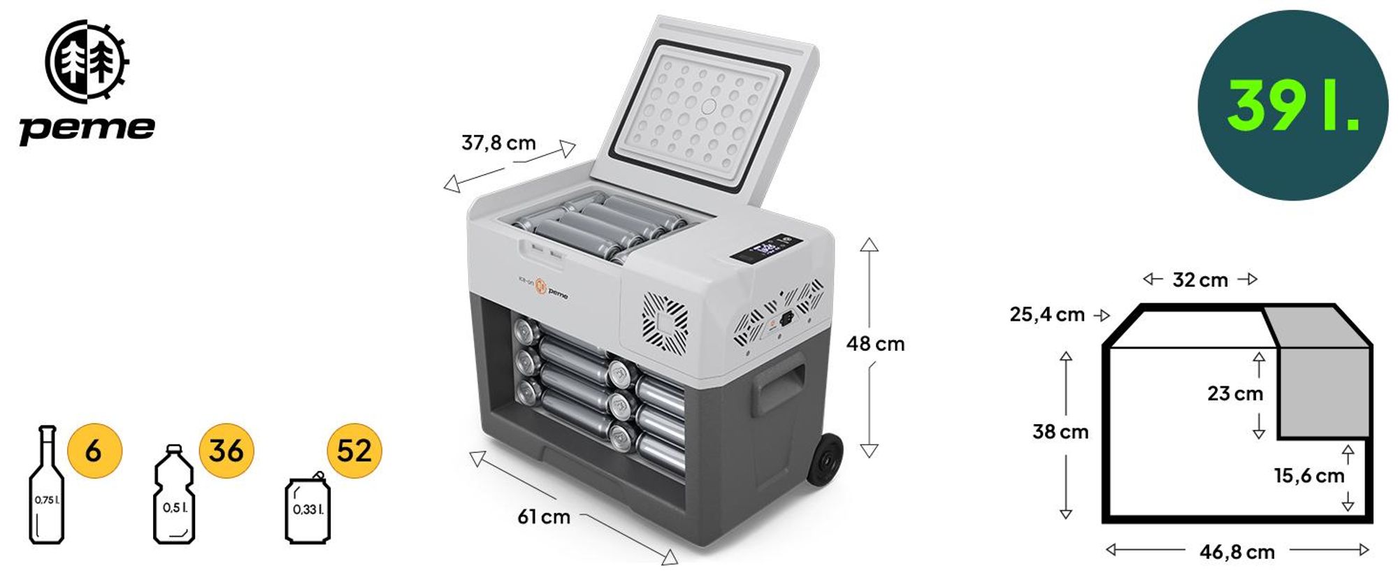 Lodówka turystyczna PEME Expedition z kompresorem, 39 l, zasilanie 12 V, 24 V, 230 V, zamrażarka, lodówka kempingowa, kółka, do ciężarówek, kamperów i samochodów osobowych, sterowanie przez aplikację, -20°C, USB