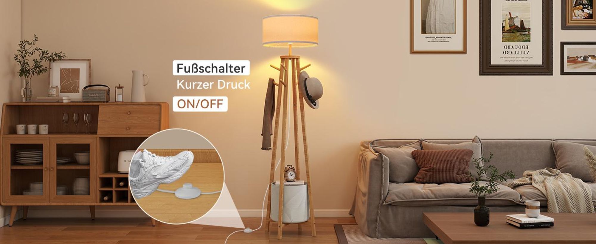 Puluomis Stehlampe mit Garderoben-Ständer 176cm, 8 Haken & Stauraum, Leinen Lampenschirm E27 Fassung, Fußschalter, Für Wohnzimmer beige