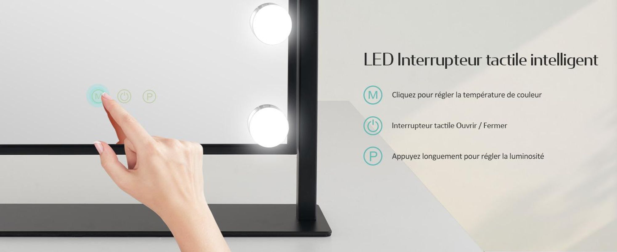 EMKE Hollywood Miroir de courtoisie 85x364x475mm avec miroir grossissant 7x, noir Miroir de courtoisie avec écran tactile intelligent et 3 couleurs de lumière, 12 lampes LED à intensité variable, pivotant à 360° et fonction mémoire