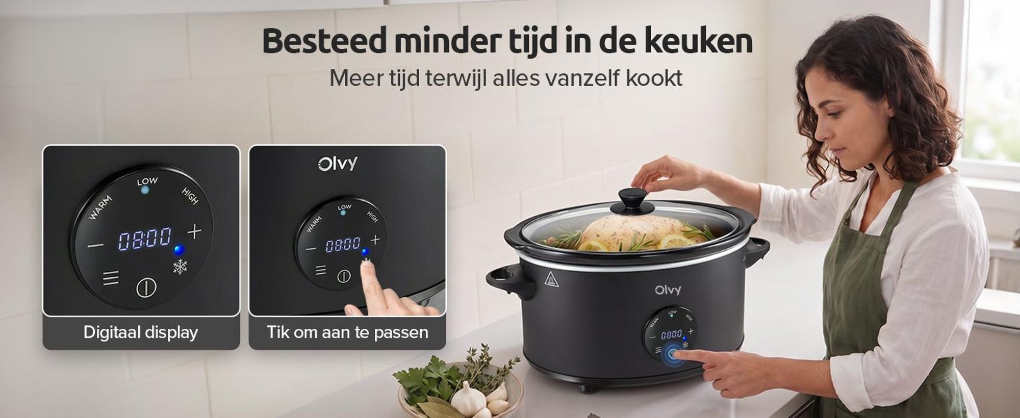 Olvy digitale slowcooker met timer – 6 liter slowcooker – pan van keramiek – inclusief kookboek
