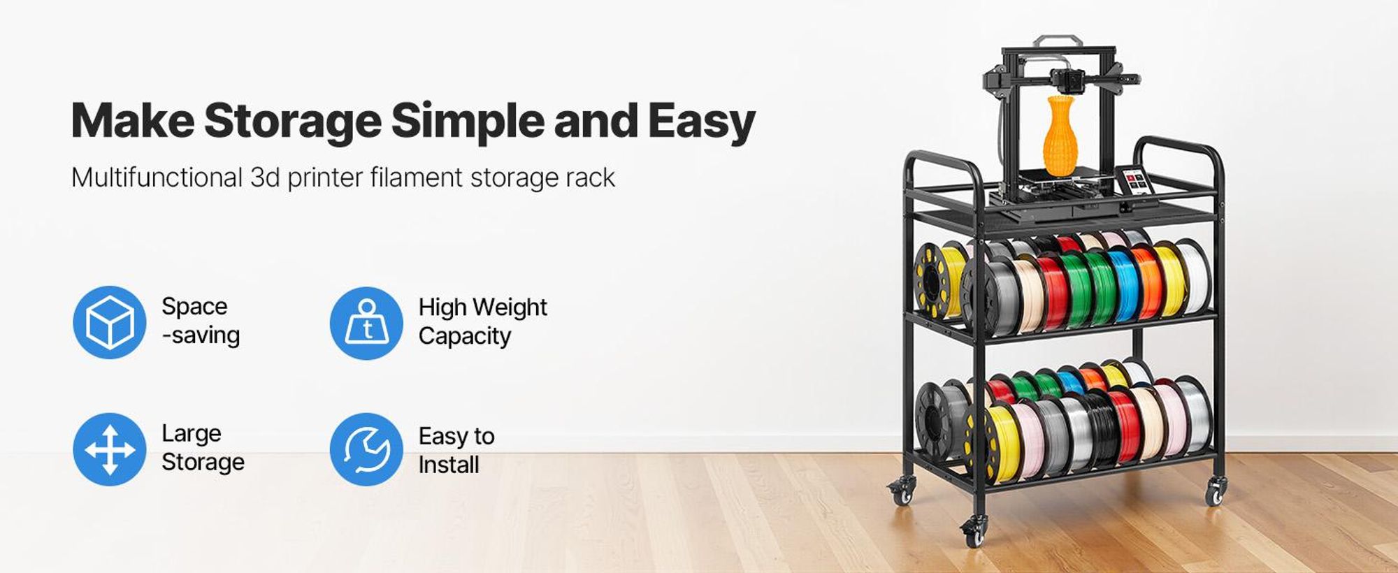 VEVOR Wandmontierter Drucker Filamentlagerregal, 2-stufiges Wandregal, rollbare Filamentspulenhalter mit Rädern, Filamente organisiert für 3D-Druckstudio, Werkstatt (Nur Regal), Mobil, 3 Schichten