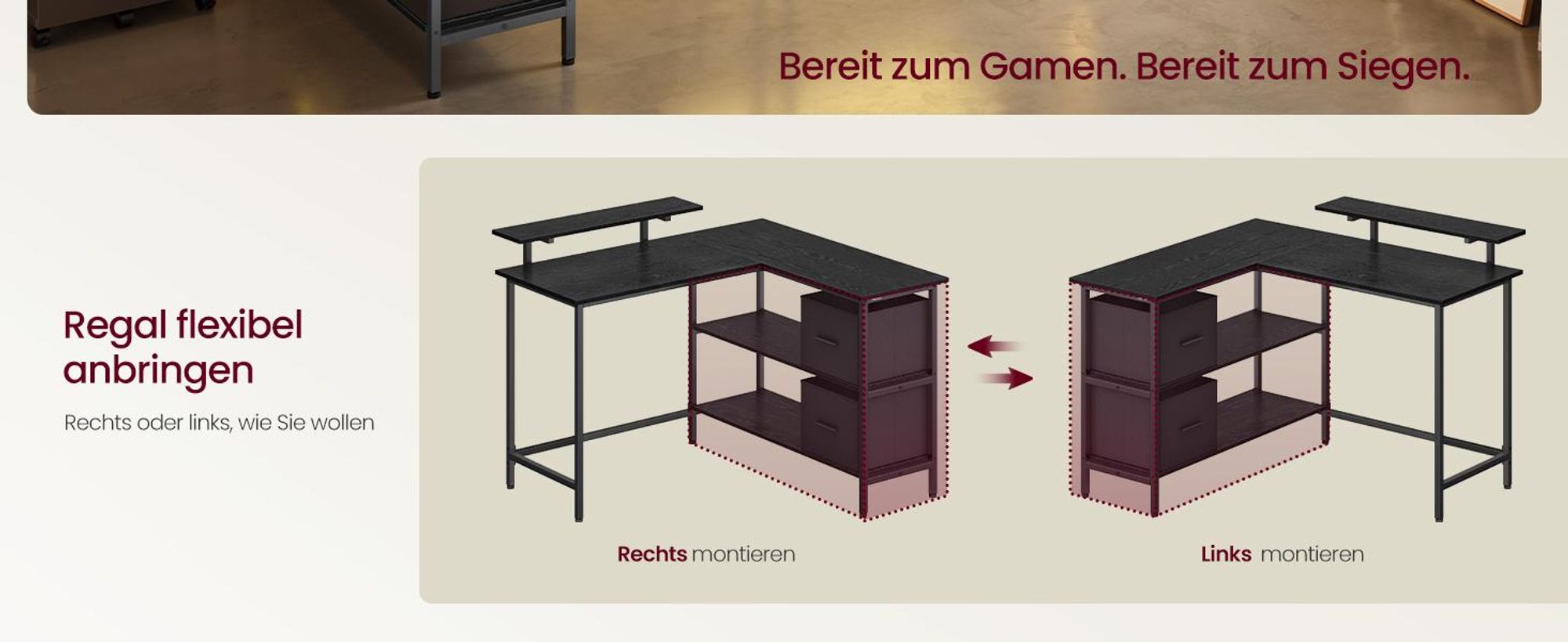 VASAGLE L-förmige Schreibtisch Eckschreibtisch Computertisch mit Schubladen 115cm schwarz
