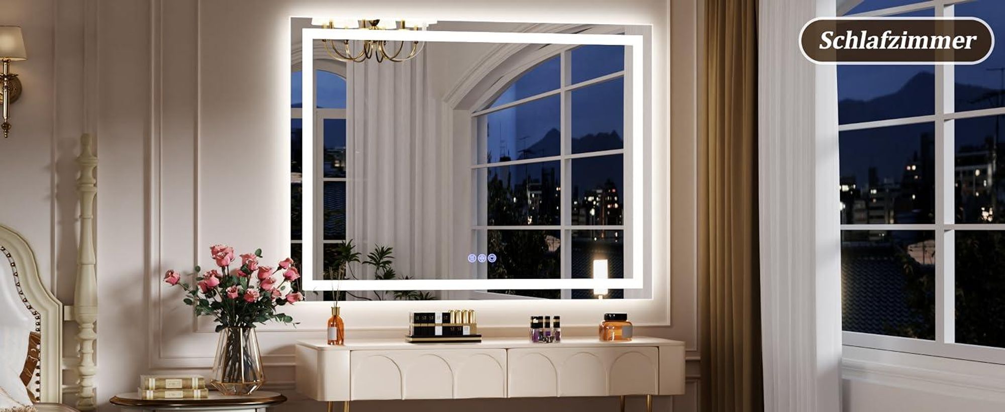 Koonmi 80x60cm LED Badezimmerspiegel - 3 Einstellbare Beleuchtungsmodi, Beleuchteter intelligenter Badezimmer Spiegel , wandmontiert horizontal