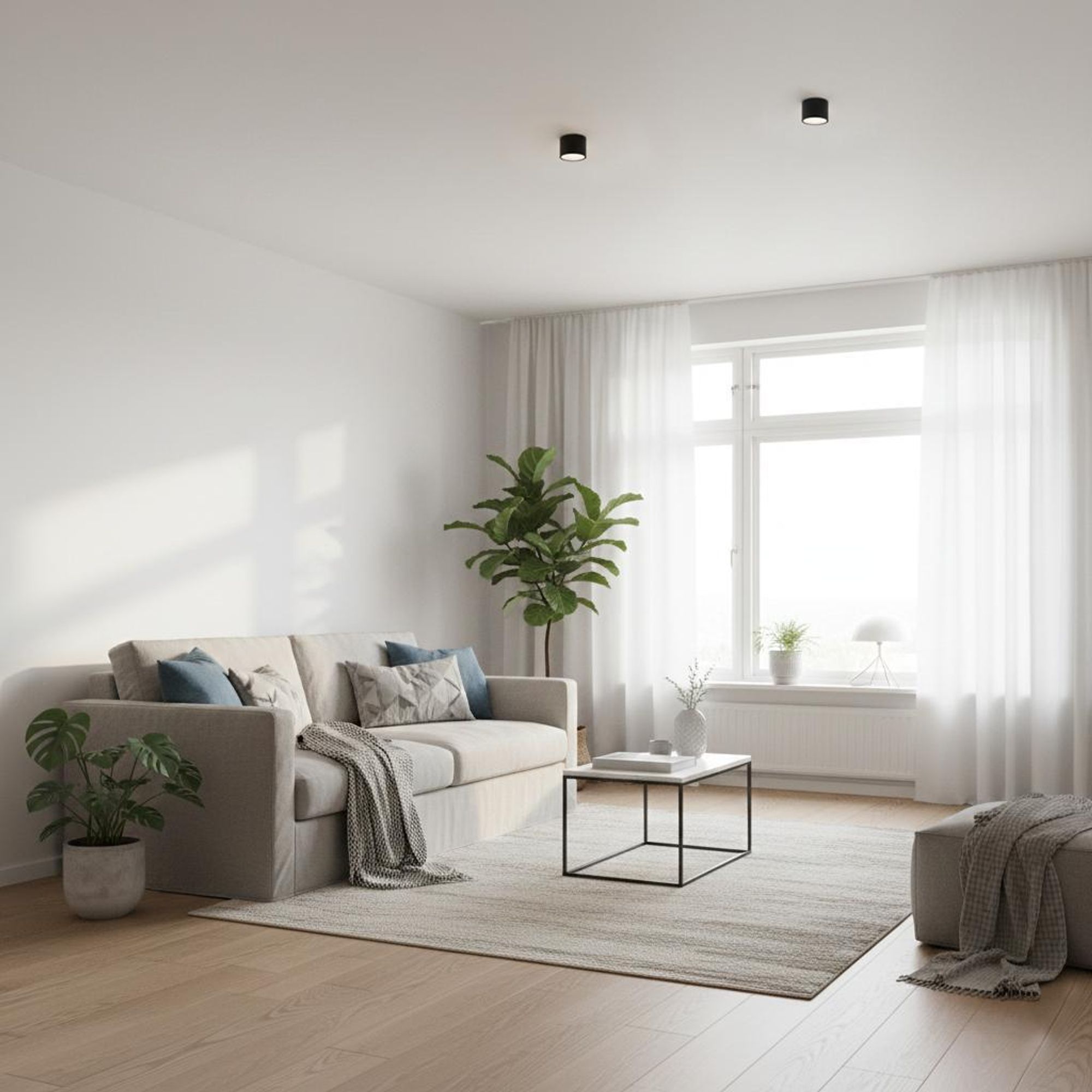 Das Foto zeigt Deckenstrahler, die in einem modernen Wohnzimmer angebracht sind.