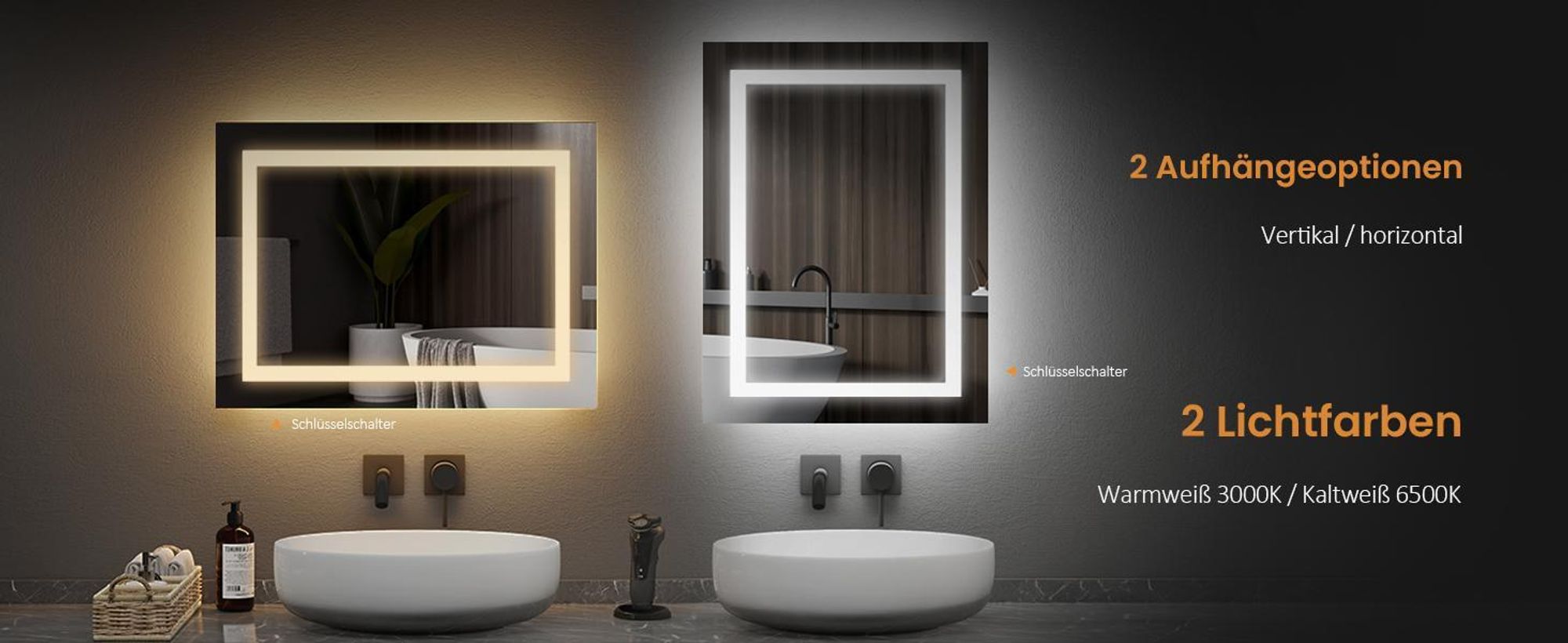 EMKE Badspiegel mit Beleuchtung 60 x 50 cm LED Badezimmerspiegel Beschlagfrei mit Druckknopfschalter mit 2 Farben des Lichts, Kaltweißes und warmes Licht