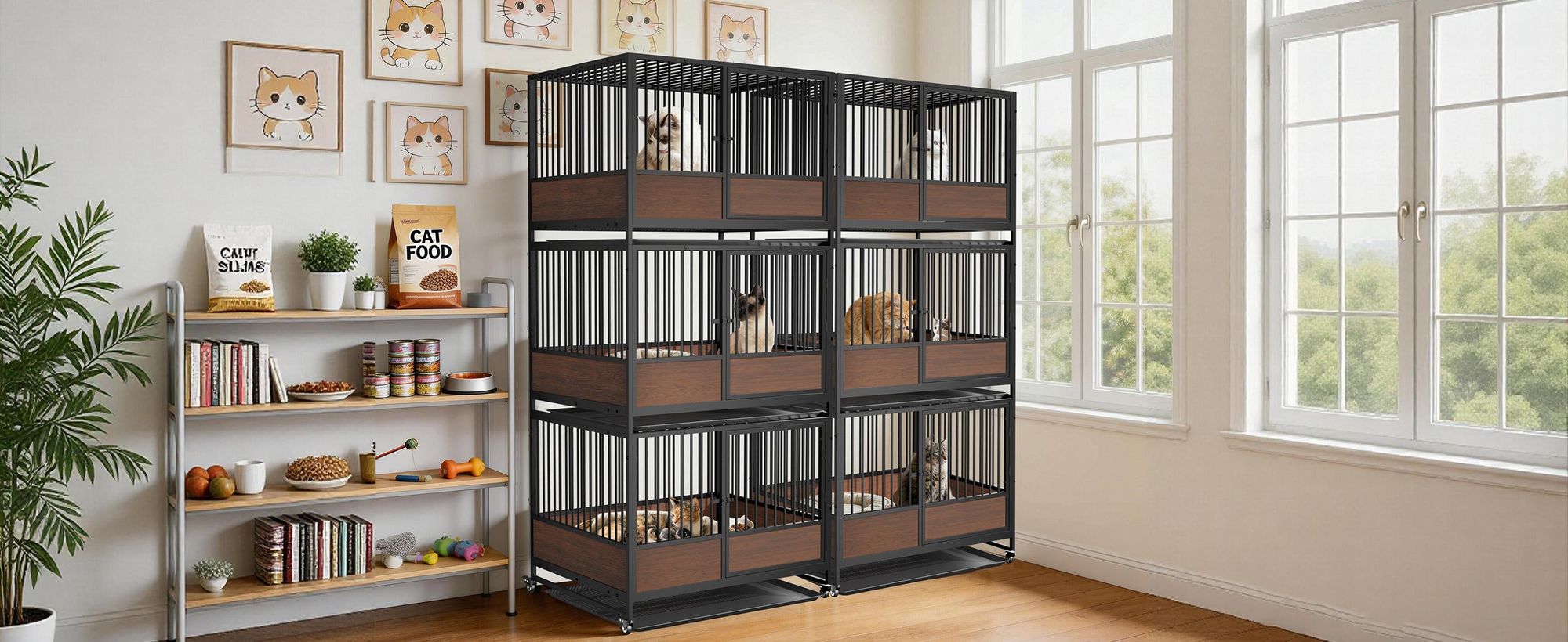 WISFOR Katzenkäfig rollbar, Katzengehege mit Bodenschale, Hundekäfig mit Türen, Stapelbares Katzenkäfig