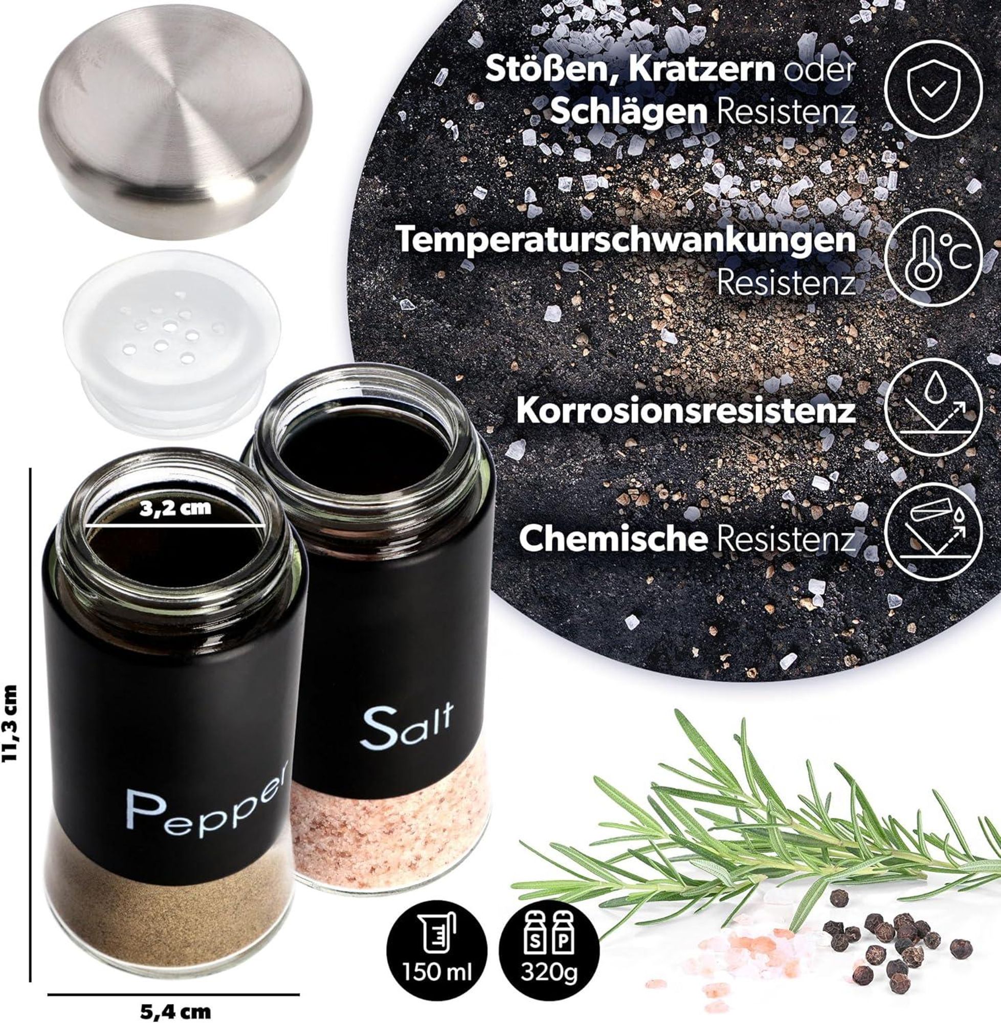 KADAX Salz-und Pfefferstreuer "Force", aus Glas und Edelstahl, Gewürzstreuer Set, Gewürzgläser, Schwarz, 150 ml