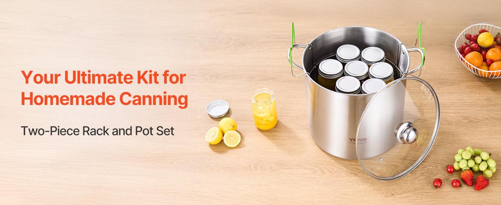 VEVOR Einmachbedarf Starter-Kit, 9-teiliges Edelstahl-Wasserbad-Einmachset für Anfänger, Einmachwerkzeug-Set: Topf, Gestell, Deckel, Trichter, Zange, Glasheber, Schraubenschlüssel, Magnetstab, Blasenheber, 2 Pcs+Pok