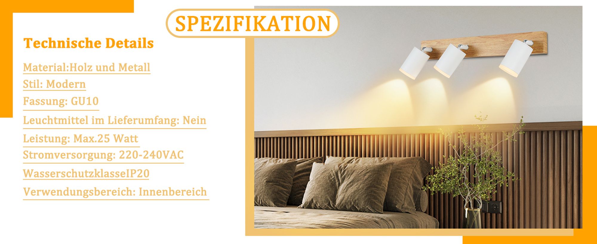 ZMH Deckenstrahler 3 Flammig Weiss Küchenlampe GU10 Holz Wandstrahler 350°Drehbar Vintage Strahler Flur Industrial Retro Ohne Leuchtmittel