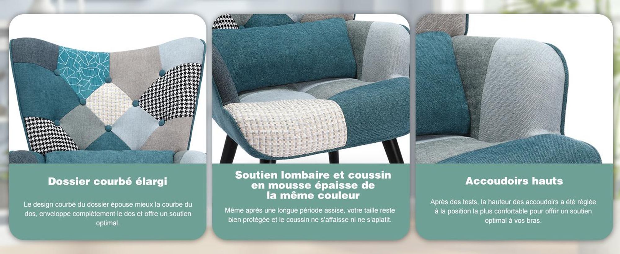 Fauteuil Patchwork Scandinave avec Repose-Pieds Support Lombaire Bois Massif, Tissu Lin et Design Ergonomique, pour Salon, Chambre ou Balcon, Bleu