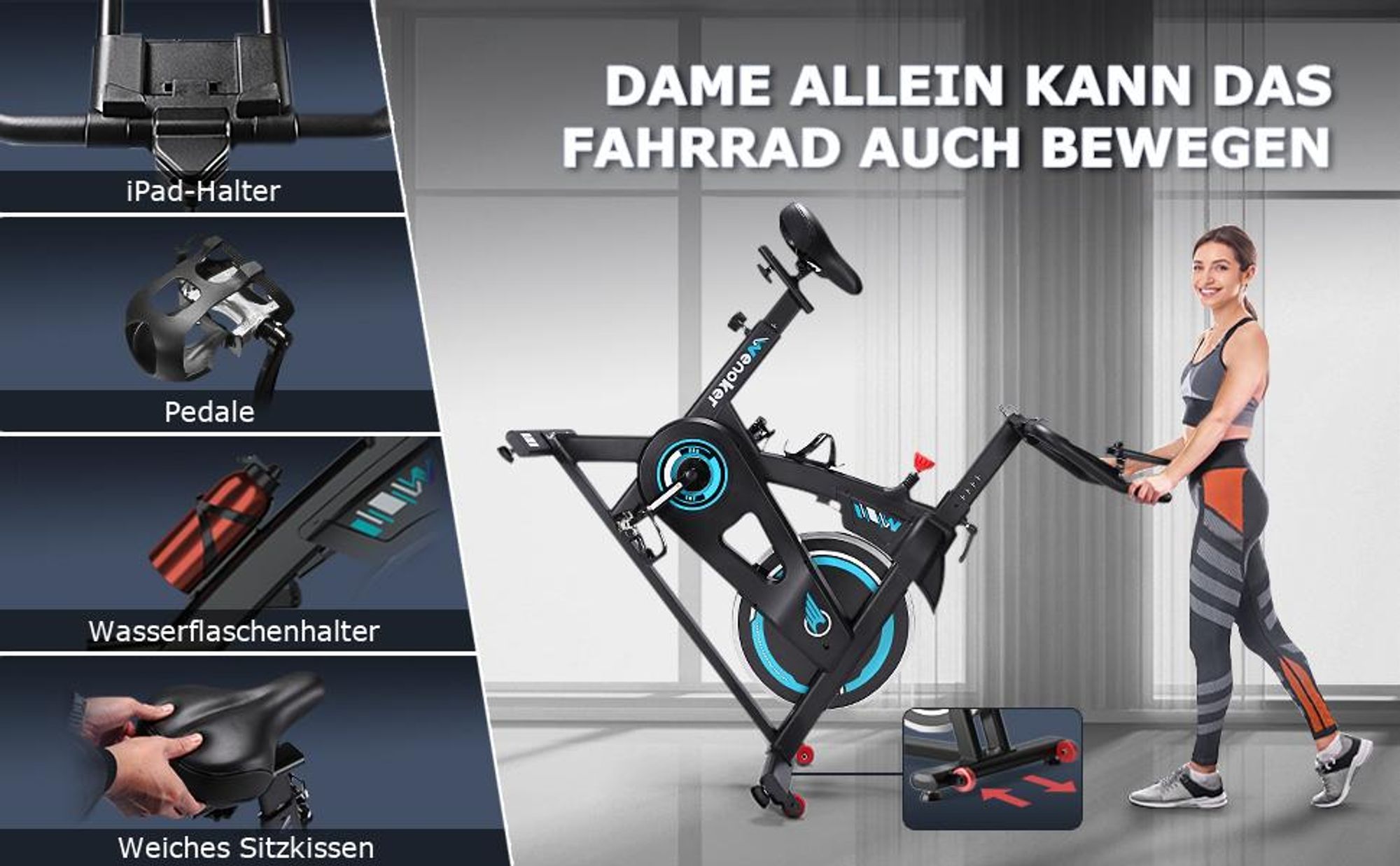Wenoker Heimtrainer Fahrrad mit APP, Ergometer Hometrainer Fahrrad mit LCD-Monitor & Tablet-Halter, Leises Inoor Bike für Cardio-Training