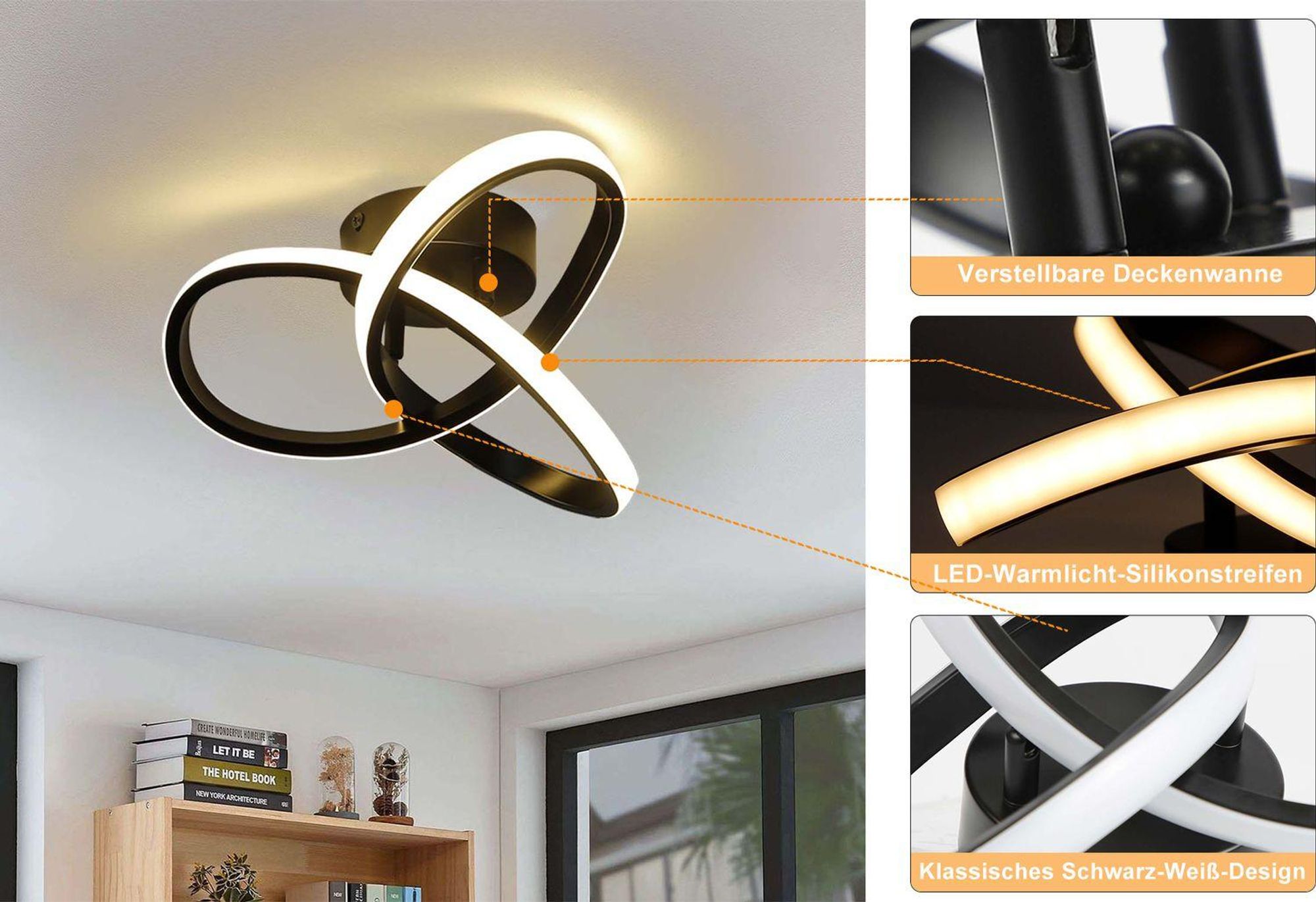 ZMH LED Deckenleuchte Schwarz Schlafzimmer  Deckenlampe Warmweiß 17W Modern Geometrie Lampe 25.5CM  für Wohnzimmer Flur Eingang Küche Korridor