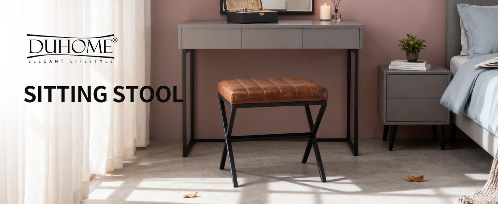 Duhome Stolička Brown Faux Leather, čalúnená podnožka Čalúnená moderná stolička s kovovým rámom pre toaletný stolík Predsieň Obývačka Spálňa
