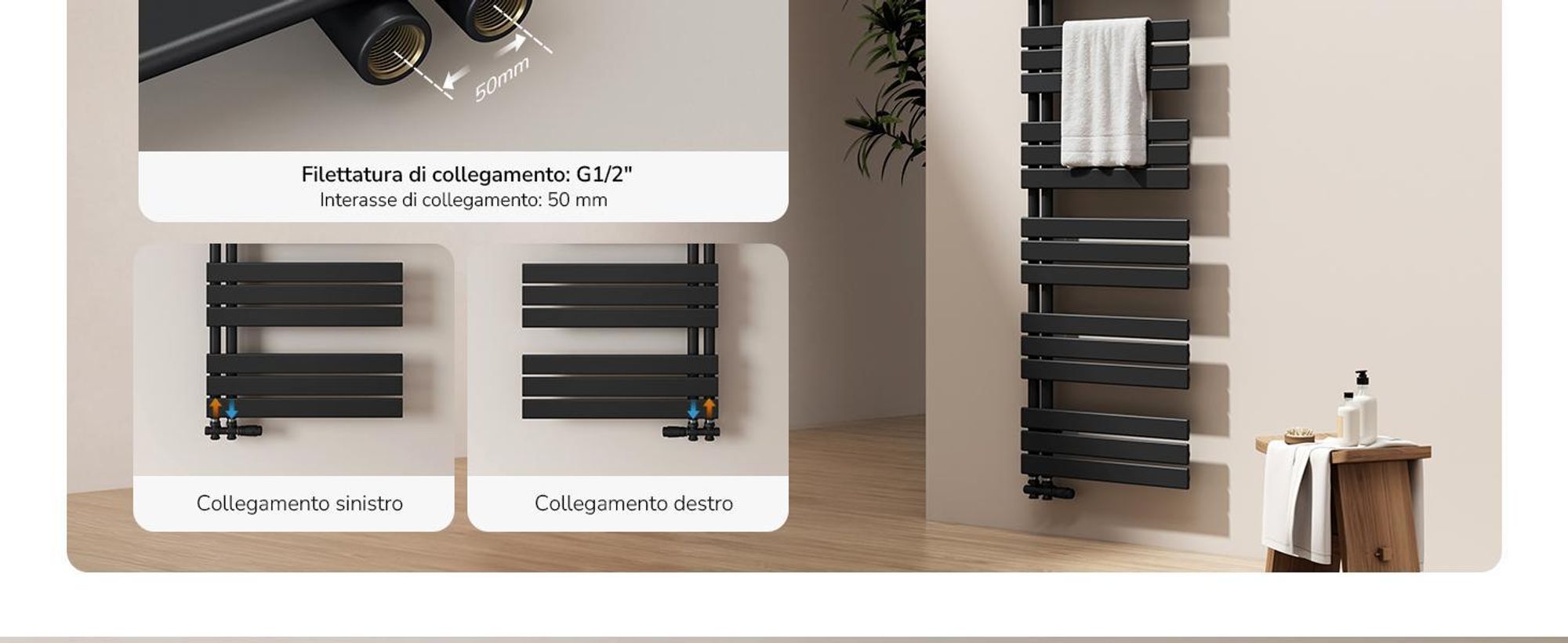 EMKE Radiatore da bagno piatto 132x60 cm Nero Scaldasalviette Asciugasalviette Pannello Attacco laterale 798W senza elemento riscaldante