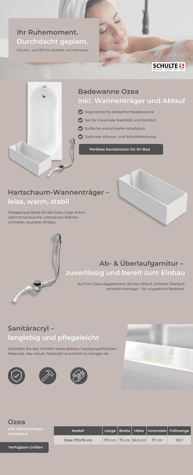 Schulte Badewanne 170x75 cm, Acryl, Komplettset mit Hartschaum-Wannenträger und Ablauf- und Überlauf-Garnitur, Modell: Ozea, Farbe: Weiß glänzend