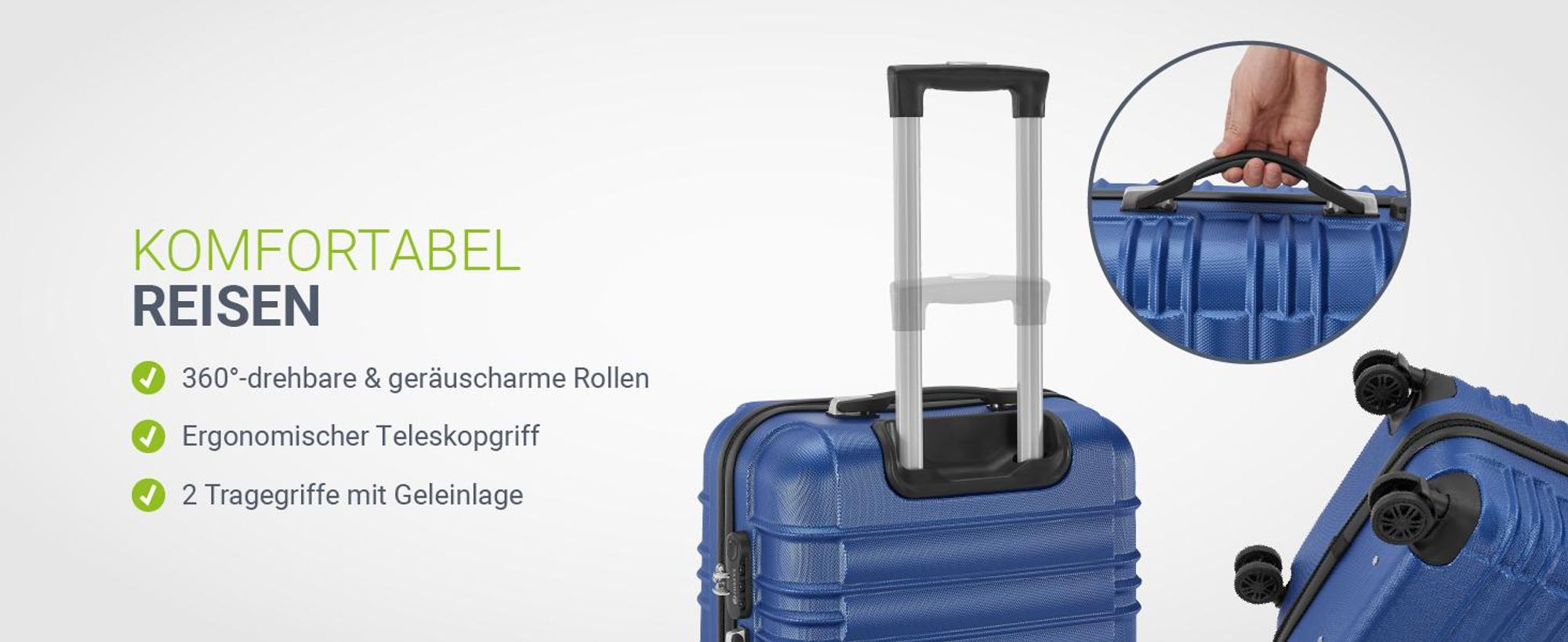 Juskys Hartschale Kofferset Reisekoffer 3 teilig - Zahlenschloss, geräuscharme 360° Rollen groß, Teleskopgriff, leicht - Koffer in Blau